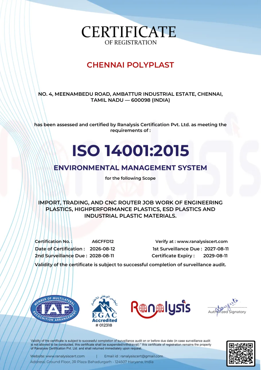 Chennai Polyplast ISO 14001:2015 Environmental Management System certificate