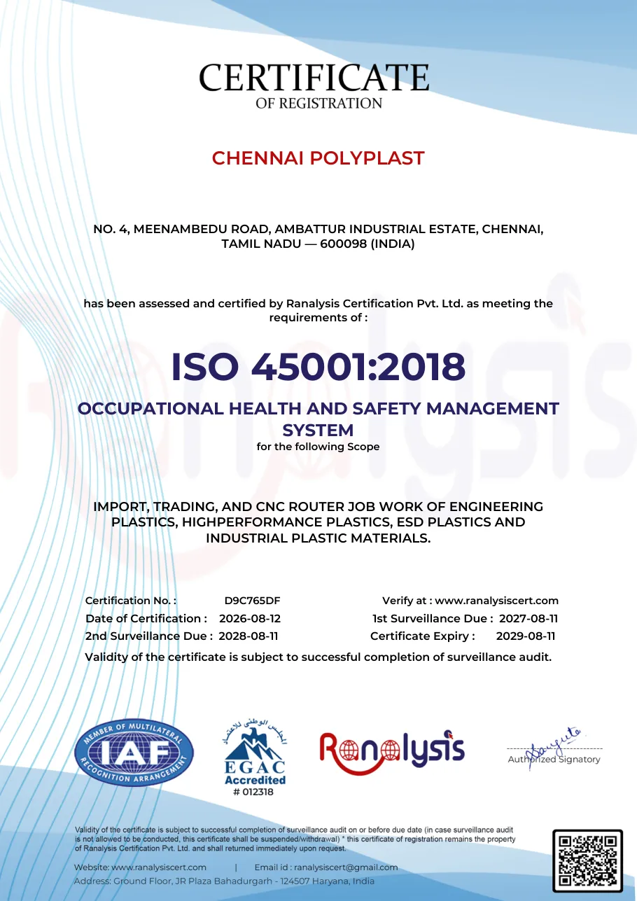 Chennai Polyplast ISO 45001:2018 Occupational Health and Safety Management System certificate