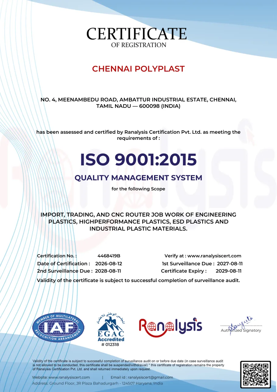 Chennai Polyplast ISO 9001:2015 Quality Management System certificate